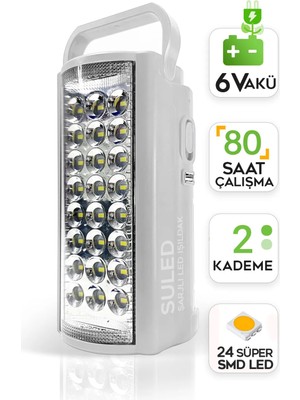 Suled Kamp Lambası 6V Akülü 80 Saat - 3gün Aydınlatma 24 Smd LED Işıldak Lamba 220V Şarj