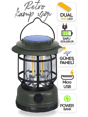 Suled Retro Kamp Lambası Fanus Fener USB Micro Güneş Şarjlı 10W Güçlü Led Işık Power Bank Özellikli