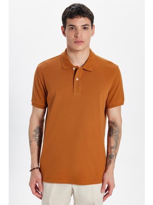Tudors Erkek Slim Fit Dar Kesim %100 Pamuk Kahverengi Polo Yaka Tişört
