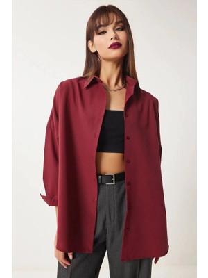 Kadın Bordo Geniş Kalıp Uzun Basic Gömlek HZL24W-BD139001