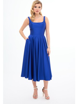 Carmen Kadın Sırt Dekolteli Midi Saten Abiye Elbise 58131 Saks