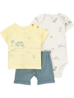 Carter's Layette Çok Renkli Erkek Bebek Body Şort Set 3'lü Paket Kısa Kollu Konforlu Kumaş