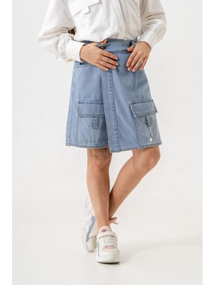 Kız Çocuk Şeritli Kot Şort Etek 2875