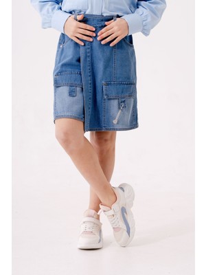 Kız Çocuk Şeritli Kot Şort Etek 2875