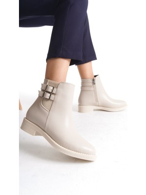 Limeo Alçak Taban Yandan Lastik ve Fermuarlı Çift Toka Detaylı Kadın Bot Bootie