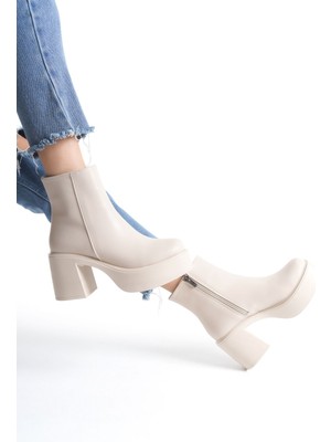 Limeo Yandan Fermuarlı Sade Yüksek Kalın Topuklu Kadın Kısa Bot