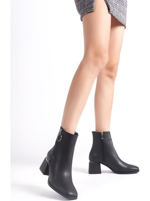 Limeo Kadın Kısa Klasik Bot Bootie Deri Görünümlü Cilt Fermuarlı Gümüş Detaylı Rahat Yürüyüş