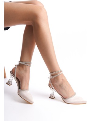 Limeo Krem Bilekten Taş Şerit Bağlamalı Saten Şeffaf Yüksek Topuklu Kadın Abiye Ayakkabı