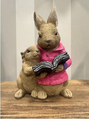 Tavşan Kitap Okuyan Anne Çocuk Tavşan Biblo Heykel