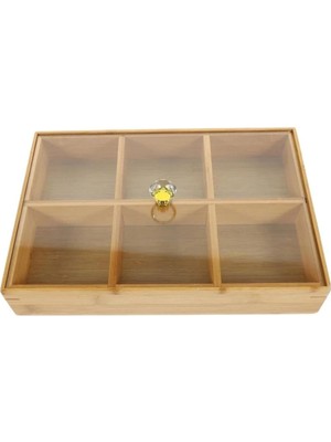 6 Bölmeli Bambu Çerezlik Şeffaf Akrilik Kapaklı Kahvaltı Sunumluk Saklama Kutusu Mutfak Organizer