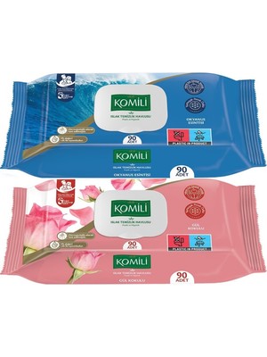 Komili Islak Havlu Mendil 90 Yaprak Karma 2 Li Set (Okyanus Esintisi-Gül Kokulu) 180 Yaprak