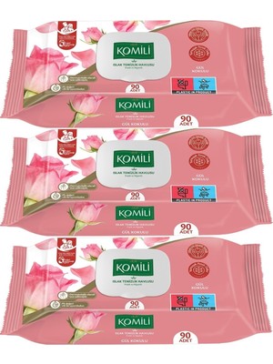 Komili Islak Havlu Mendil 90 Yaprak Gül Kokulu (3 Lü Set) Pratik Kapaklı (270 Yaprak)