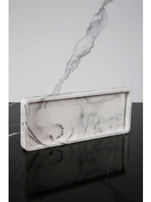 Mermer Desenli Dekoratif Sunum Tepsisi Tabağı Beton Sunumluk 10X25 cm Siyah Beyaz