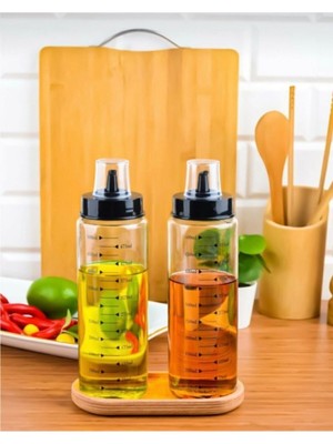 Bayev Ahşap Stantlı 2'li 500 ml Damlatmaz Akıllı Cam Yağlık Sirkelik Seti Akrilik Malzeme ile Ergonomik Kullanım