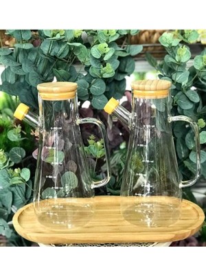 Bambu Kapaklı Vakumlu Borosilikat 3'lü Set Cam Yağlık Sirkelik Bambu Altlık