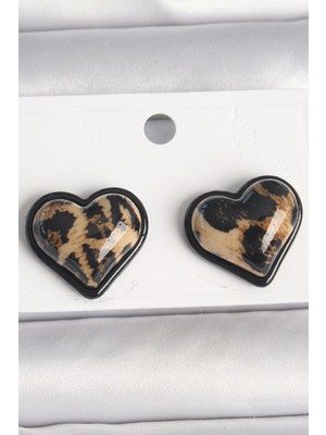 Pirinç Siyah Renk Leopar Desen 3D Kalp Model Kadın Küpe