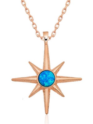 Gümüş Rose Mavi Opal Taşlı Kutup Yıldızı Kolye