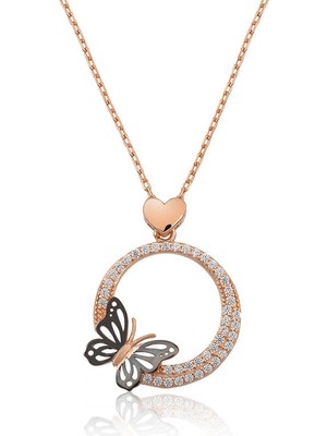 925 Ayar Gümüş Kalpli Kelebek Çemberi Kadın Gümüş Kolye