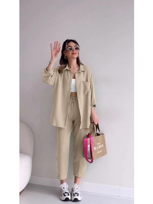 Barbora Keten Günlük Ikili Takım Elbise Pantolon Gömlek LN21EKRU10