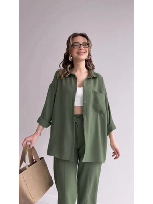 Barbora Keten Günlük Ikili Takım Elbise Pantolon Gömlek LN21HAKI13