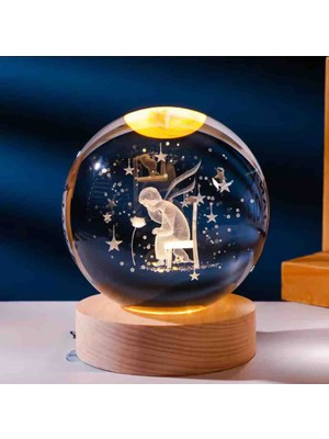 Wolawood Kristal Cam Kar Küresi 3D Işıklı LED Lamba USB Kablolu Ahşap Standlı Özel Gün Işığı Dekoratif Hediyelik Konsept Masaüstü Aksesuar Şık Zarif Süs Biblo Dekor Top Özel Üretim Premium Ay Küre Seti