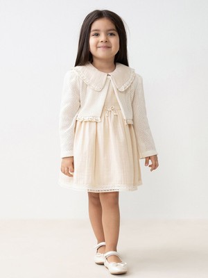 Miomini 3-24 Ay Bebe Yaka Dantel Detaylı Kız Bebek Elbise ve Bolero 2'li takım  mm 4346