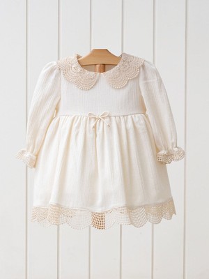 Mymio 2-5 Yaş Bebe Yaka Uzun Kollu Dantel Detaylı Kız Bebek Elbise  My 4366