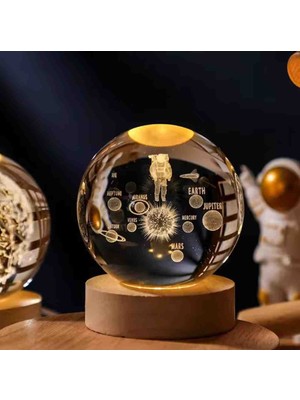 Wolawood Kristal Cam Kar Küresi 3D Işıklı LED Lamba USB Kablolu Ahşap Standlı Özel Gün Işığı Dekoratif Hediyelik Konsept Masaüstü Aksesuar Şık Zarif Süs Biblo Dekor Top Özel Üretim Premium Ay Küre Seti