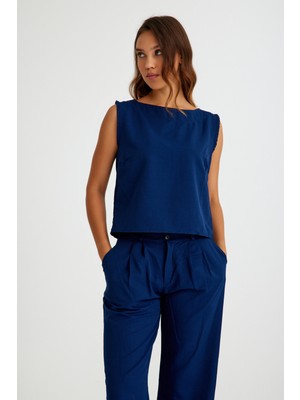 Barbora Keten Günlük Rahat  Kolsuz  Alt Üst Kadın Takım LN08LACIVERT10