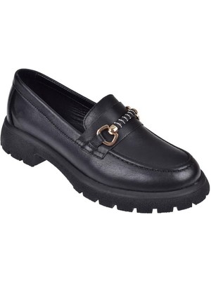 Divadonna 4259 Kadın Deri Taşlı Tokalı Loafer Ayakkabı Siyah