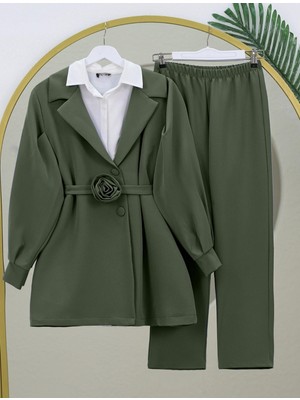 Mac Moda Kemeri Gül Detaylı Kruvaze Yaka Ceket Pantolon Takım