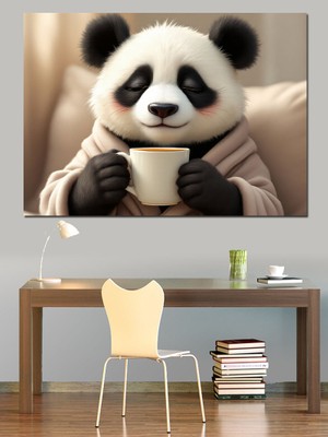 Kahve Içen Sevimli Panda Dekoratif Tablo