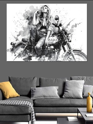 Motosiklet Üzerinde Güçlü Kadın Dekoratif Tablo
