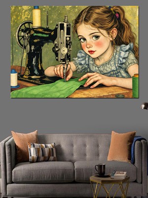 Eski Dikiş Makinesi ve Kız Dekoratif Tablo