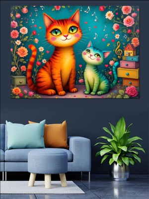 Renkli Kedi ve Yavru Dekoratif Tablo