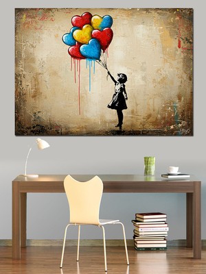 Balon Tutan Çocuk Grafiti Dekoratif Tablo