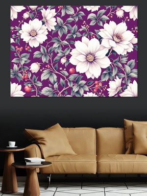 Mor Beyaz Çiçek Deseni Dekoratif Tablo