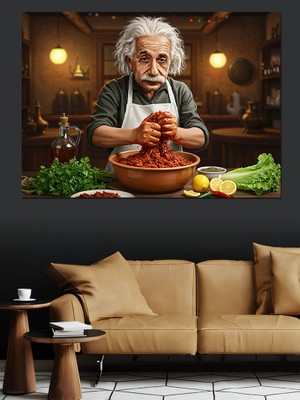 Çiğ Köfte Yapan Einstein Dekoratif Tablo