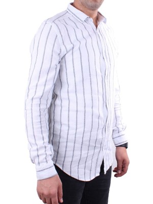 Dagoster DMG23-114098 Beyaz Lacivert Günlük Hasır Keten Normal Kalıp Uzun Kol Erkek Gömlek