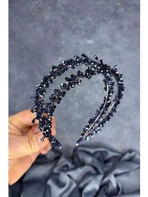 Lacivert Sare Model Çift Sıra Gelin Kına Tacı Saç Aksesuarı