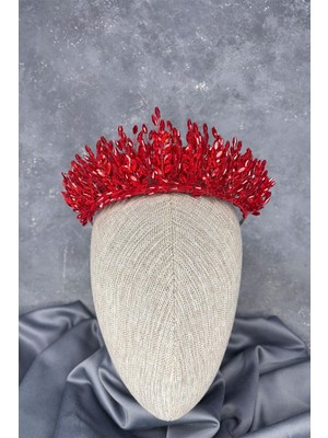 Kırmızı Elisa Tasarım Boncuklu Gelin Kına Tacı Saç Aksesuarı