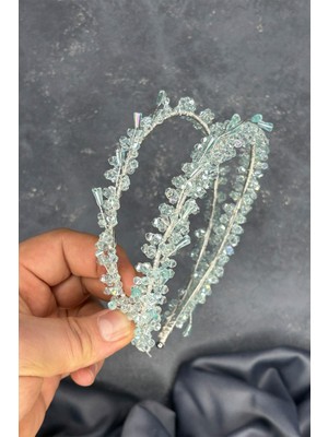 Su Yeşili Sare Model Çift Sıra Gelin Kına Tacı Saç Aksesuarı
