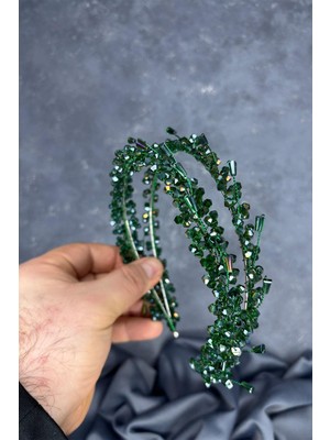 Zümrüt Yeşili Sare Model Çift Sıra Gelin Kına Tacı Saç Aksesuarı