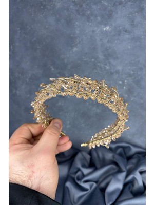 Bal Rengi Sare Model Çift Sıra Gelin Kına Tacı Saç Aksesuarı