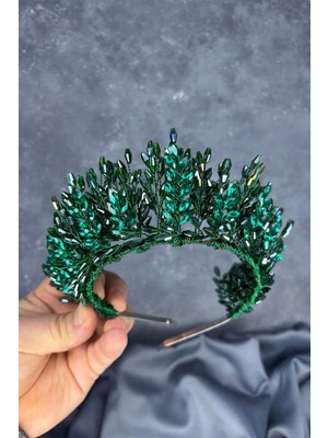 Zümrüt Yeşili  Elisa Tasarım Boncuklu Gelin Kına Tacı Saç Aksesuarı