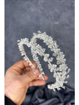 Şeffaf Incili Sare Model Çift Sıra Gelin Kına Tacı Saç Aksesuarı