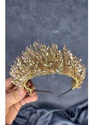 Bal Rengi Elisa Tasarım Boncuklu Gelin Kına Tacı Saç Aksesuarı