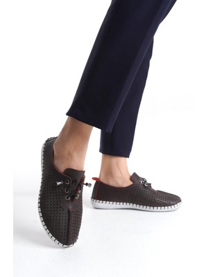 CZ London Kadın Deri Ortopedik Günlük Ayakkabı Delikli Yuvarlak Burun Düz Taban Mevsimlik Ayakkabı