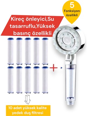 10 Adet Yedek Filtreli Beyaz Renk Masaj Özellikli Duş Başlığı