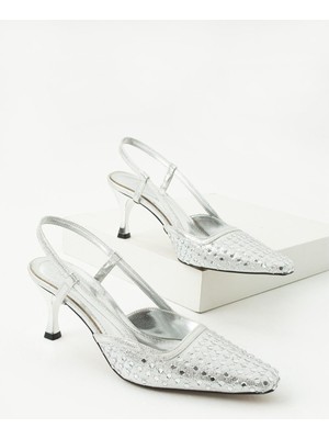 Kadın Gümüş Arkası Açık Küt Burunlu Taşlı Orta Topuklu Ayakkabı Robis 5 cm